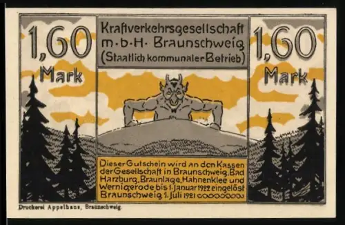 Notgeld Braunschweig 1921, 1,60 Mark, Teufel auf Hügel und Bus der Kraftverkehrsgesellschaft mbH Braunschweig