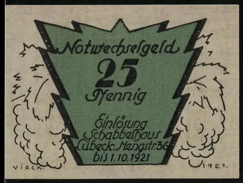 Notgeld Lübeck 1921, 25 Pfennig, Schabbelhaus mit Spruch und stilisierten Rauchwolken
