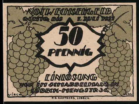 Notgeld Lübeck 1920, 50 Pfennig, Trauben und Schabbelhaus-Interieur