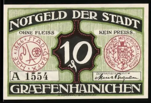 Notgeld Gräfenhainichen 1921, 10 Pfennig, Rathaus und Paul Gerhardts Geburtshaus