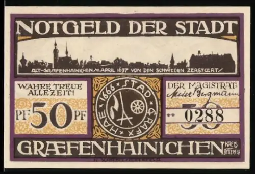 Notgeld Gräfenhainichen 1921, 50 Pfennig, Ortsansicht und Porträt von Paulus Gerhardt