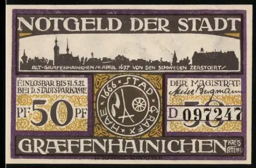 Notgeld Gräfenhainichen 1921, 50 Pfennig, Ortsansicht und Porträt von Paulus Gerhardt, Gräfenhainichen 1637 zerstört