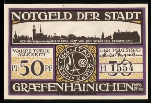 Notgeld Gräfenhainichen 1921, 50 Pfennig, Ortsansicht und Paulus Gerhardt Porträt, Gräfenhainichen 1637 zerstört
