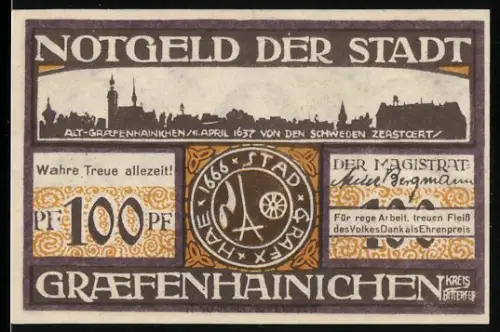 Notgeld Gräfenhainichen, 100 Pfennig, Paulus Gerhardt Porträt und Ortsansicht mit Wappen