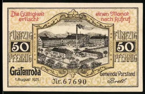 Notgeld Gräfenroda 1921, 50 Pfennig, Wilhelmshütte und Glasmacher bei der Arbeit