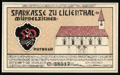 Notgeld Lilienthal 1921, 50 Pfennig, Kirche und Segelkahn auf dem Wasser