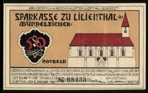 Notgeld Lilienthal i. H. 1921, 50 Pfennig, Kirche und Segelfrachtkahn