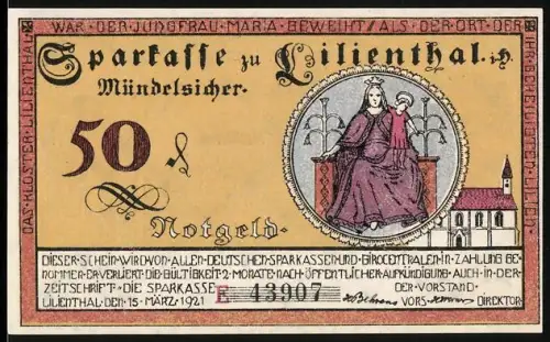Notgeld Lilienthal i. H. 1921, 50 Pfennig, Maria mit Kind und Landschaft mit Segelboot