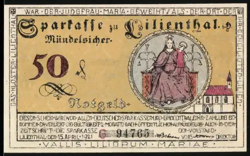 Notgeld Lilienthal i. Gr. 1921, 50 Pfennig, Maria mit Kind und Landschaftsszenen mit Ernte und Torfkahn