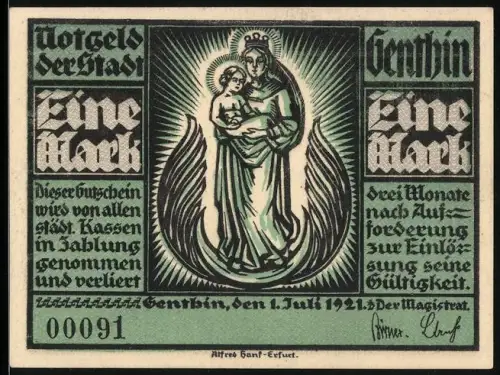 Notgeld Genthin 1921, 1 Mark, Madonna mit Kind und Landschaft mit Turm