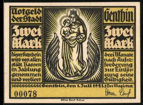 Notgeld Genthin 1921, 2 Mark, Madonna mit Kind und Kriegerdenkmal mit Eisernem Kreuz