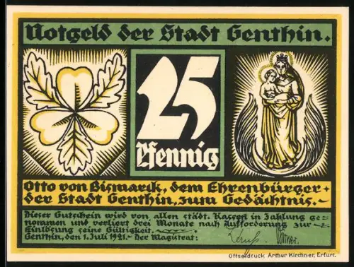 Notgeld Genthin 1921, 25 Pfennig, Kleeblatt und Madonna mit Kind, Porträt mit Spruch
