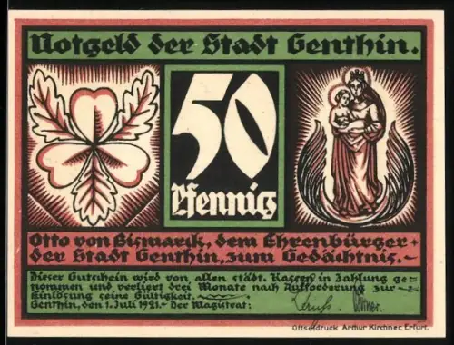 Notgeld Genthin 1921, 50 Pfennig, Kleeblatt und Mutter mit Kind, Porträt eines Mannes