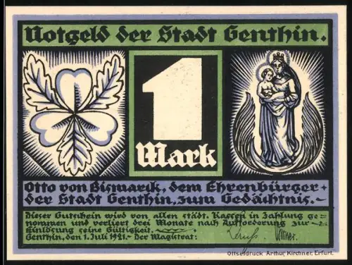 Notgeld Genthin 1921, 1 Mark, Kleeblatt und Figur mit Kind, Porträt Bismarck mit Text