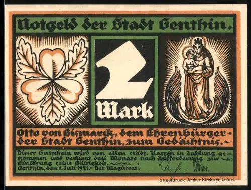 Notgeld Genthin 1921, 2 Mark, Kleeblatt und Madonna mit Kind, Porträt Fürst Bismarck