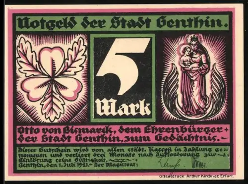 Notgeld Genthin 1921, 5 Mark, Kleeblatt und Mutter mit Kind, Porträt Bismarck als Eiserner Kanzler