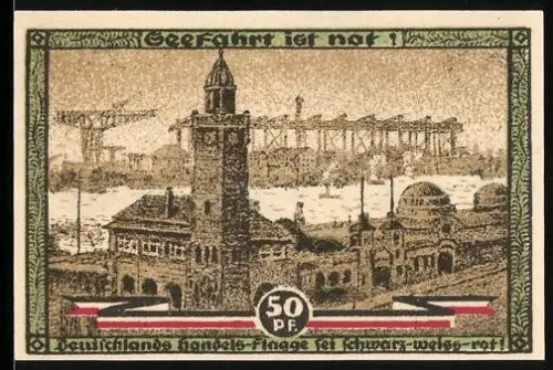 Notgeld Hamburg 1921, 50 Pfennig, Hafenansicht und Ionische Säule