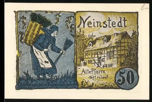 Notgeld Neinstedt 1921, 50 Pfennig, Frau mit Reisigbündel und Altes Pfarrhaus von 1671