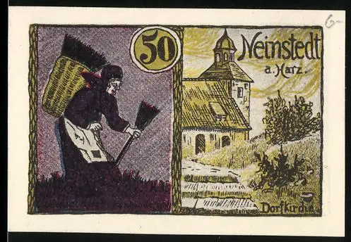 Notgeld Neinstedt a. Harz 1921, 50 Pfennig, Dorfbewohner mit Reisigbesen und Dorfkirche