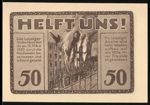 Notgeld Leipzig 1922, 50 Pfennig, Szene mit brennendem Volkshaus nach Beschuss durch Reichswehr 19.3.1920