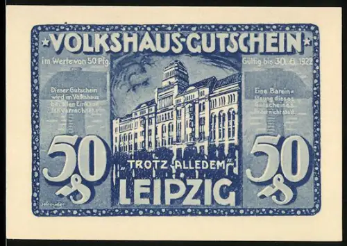 Notgeld Leipzig 1922, 50 Pfennig, Volkshaus 19.3.1920 durch Reichswehr in Brand geschossen, Hilfeaufruf