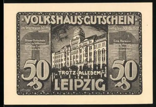 Notgeld Leipzig 1922, 50 Pfennig, Leipziger Volkshaus 19.3.1920 in Brand und Aufruf zur Hilfe
