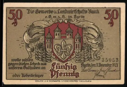 Notgeld Kyritz 1921, 50 Pfennig, Stadtwappen und Szene Bezwingung des Raubritters Bassewitz