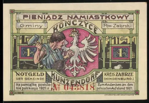 Notgeld Kunzendorf /Hindenburg 1921, 1 Mark, Schmied und Wappen mit Adler