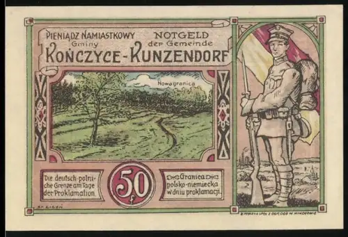 Notgeld Kunzendorf 1922, 50 Pfennig, Neue Landesgrenze Deutschland-Polen, polnischer Soldat