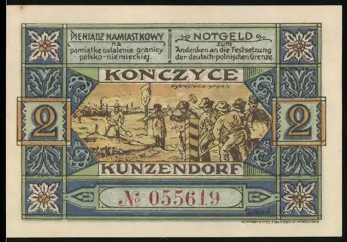 Notgeld Kunzendorf 1922, 2 Mark, Festsetzung der deutsch-polnischen Grenze, Wappen