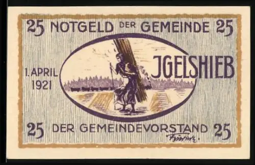 Notgeld Igelshieb 1921, 25 Pfennig, Holzträgerin und Skispringer im Wald
