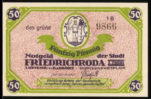 Notgeld Friedrichroda i. Thür. 1921, 50 Pfennig, Stadtwappen und Landschaftsansicht