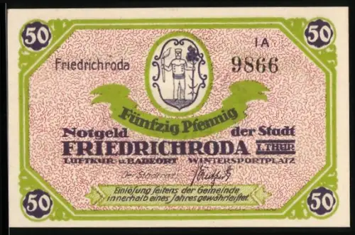 Notgeld Friedrichroda i. Thür. 1921, 50 Pfennig, Stadtwappen und Landschaftsansicht