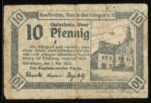 Notgeld Gardelegen 1920, 10 Pfennig, Ansicht der Kirche, Bierkrug mit Hopfenranken