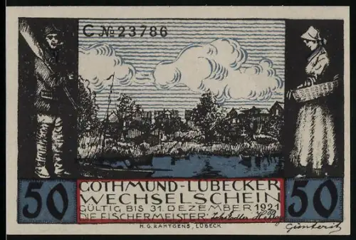Notgeld Gothmund-Lübeck 1921, 50 Pfennig, Fischer und Häuser am Wasser mit Booten