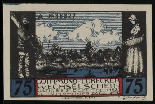 Notgeld Gothmund-Lübeck 1921, 75 Pfennig, Fischer und Dorfszene mit Wappen