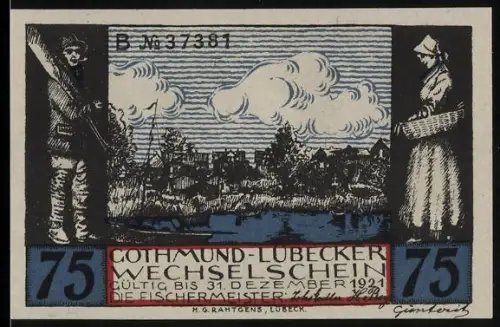 Notgeld Gothmund-Lübeck 1921, 75 Pfennig, Fischer und Ortsansicht mit Wappen