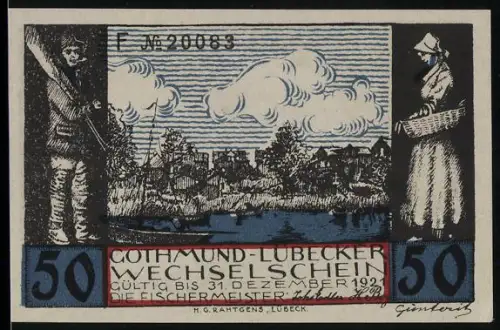 Notgeld Gothmund-Lübeck 1921, 50 Pfennig, Fischer beim Flicken der Netze