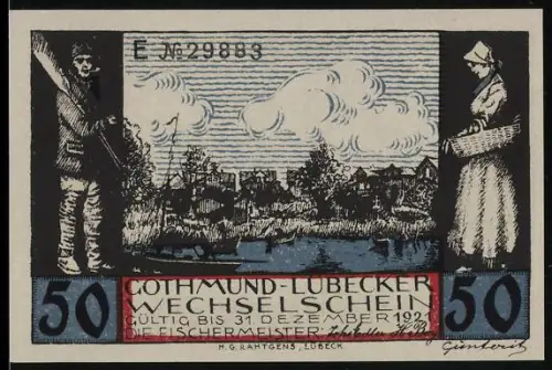 Notgeld Gothmund-Lübeck 1921, 50 Pfennig, Fischer und Tanzszene beim Treibelfest