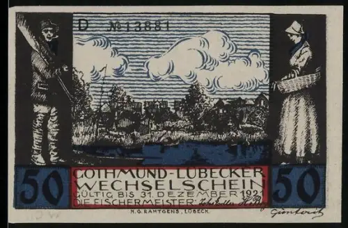 Notgeld Gothmund-Lübeck 1921, 50 Pfennig, Fischer und Szene mit Fischern beim Einholen des Fanges