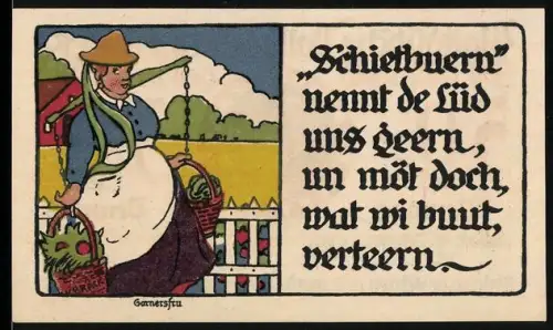 Notgeld Lübeck 1921, 50 Pfennig, Bäuerin mit Körben und Segelschiff im Wappen