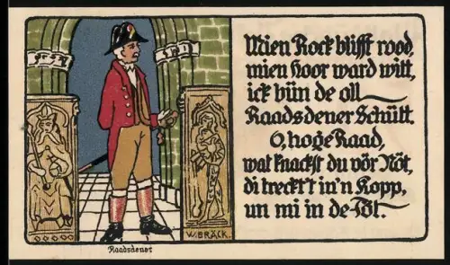 Notgeld Lübeck 1921, 50 Pfennig, Ratsdiener in Uniform, Schiffsillustration im Wappen