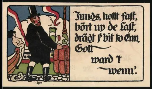 Notgeld Lübeck 1921, 50 Pfennig, Träger im Hafen und Segelschiff im Wappen