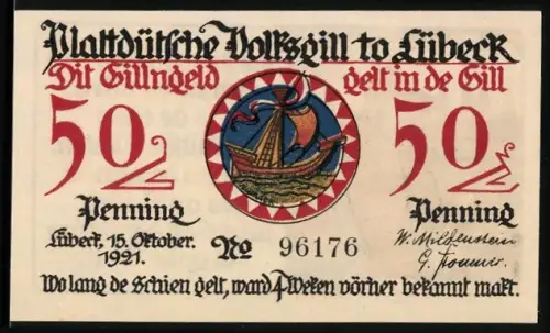 Notgeld Lübeck 1921, 50 Pfennig, Segelschiff im Wappen und Lotse am Steuer