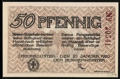 Notgeld Lügumkloster 1920, 50 Pfennig, Bischof mit Krummstab und Kreuze