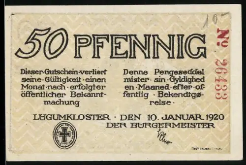 Notgeld Lügumkloster 1920, 50 Pfennig, Abt mit Bischofsstab und Kreuzen