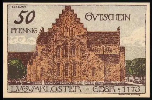 Notgeld Lügumkloster 1920, 50 Pfennig, Ansicht vom Kloster, gegründet 1173 und Pferd im Oval