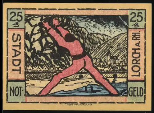 Notgeld Lorch a. Rh. 1921, 25 Pfennig, Mann mit erhobenen Armen vor Berglandschaft, Stadtsiegel