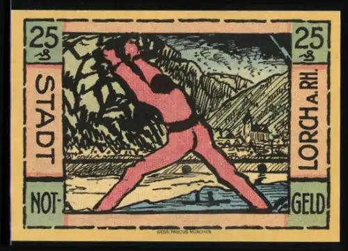 Notgeld Lorch a. Rh. 1921, 25 Pfennig, Arbeiter mit Hammer, Stadtwappen
