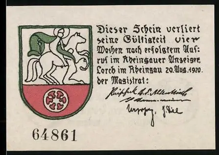 Notgeld Lorch a. Rh. 1920, 10 Pfennig, Reiter im Wappen, Frauengestalt mit Apfel